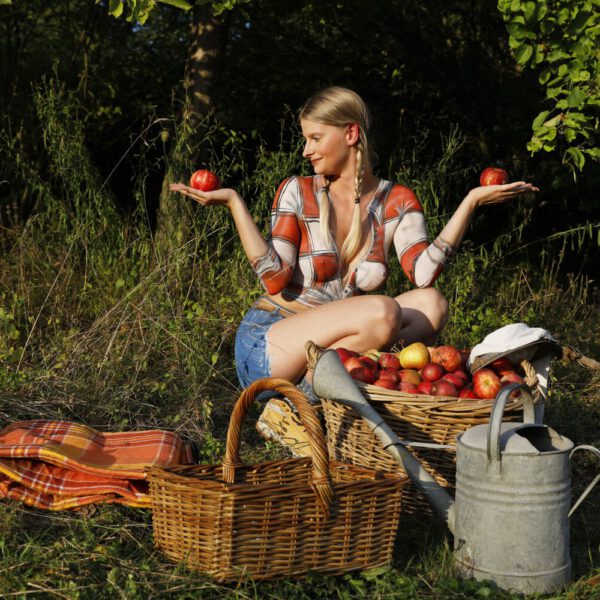 Im Rahmen des Kunstprojektes AGRAR ART hat Bodypaint-Künstler Jörg Düsterwald ein nacktes Fotomodell mit Körperfarbe so bemalt, als hätte die Frau eine kurze blaue Hose und ein rotweiß-kariertes Hemd an. Sie befindet sich in einer Apfelbaumplantage und erntet die Äpfel.