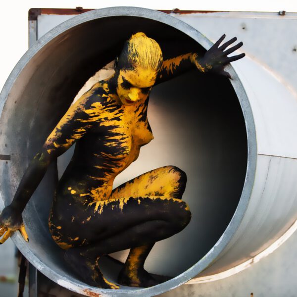 Künstler Jörg Düsterwald realisiert mittels Bodypainting für das Unternehmen DURA-Teppichwerke Motive für Werbefotos. Ein gelbschwarz bemaltes Aktmodell posiert in einer Industriekulisse.