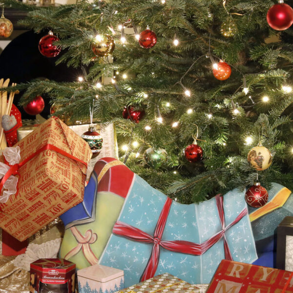 Künstler Jörg Düsterwald hat auf dem Rücken eines Fotomodells die Illusion eines Weihnachtsgeschenks gemalt. Die Frau liegt unter einem geschmückten Weihnachtsbaum, Moderatorin Dany Michalski sitzt daneben und entdeckt überrascht das Paket.