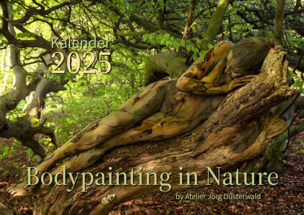 Das Titelblatt vom Bodypainting-Kalender NATURE ART 2025 von Künstler Jörg Düsterwald. Ein bemaltes Fotomodell liegt in einem Wald auf einem zerborstenen Baumstumpf.