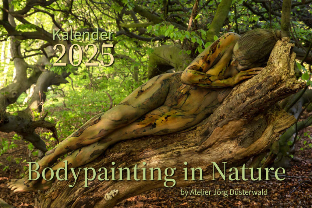 Das Titelblatt vom Bodypainting-Kalender NATURE ART 2025 von Künstler Jörg Düsterwald. Ein bemaltes Fotomodell liegt in einem Wald auf einem zerborstenen Baumstumpf.