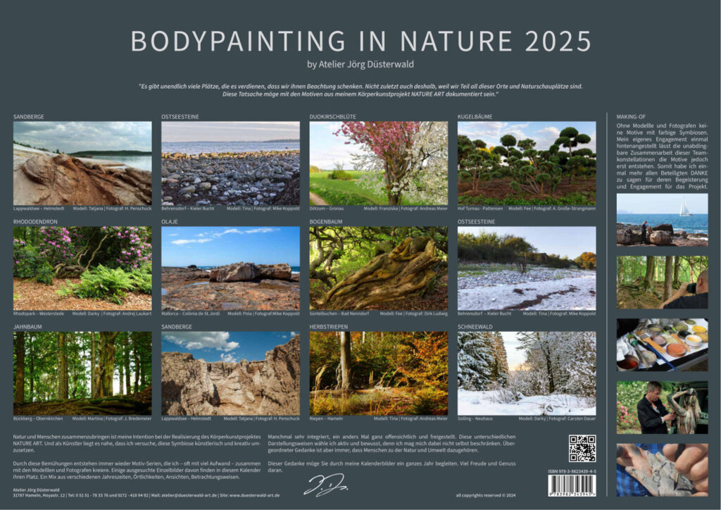 Die Infoseite vom Bodypainting-Kalender NATURE ART 2025 von Künstler Jörg Düsterwald. Es zeigt alle zwölf Monatsmotive sowie Arbeitsfotos. Text erklärt das Projekt und den Kalender.